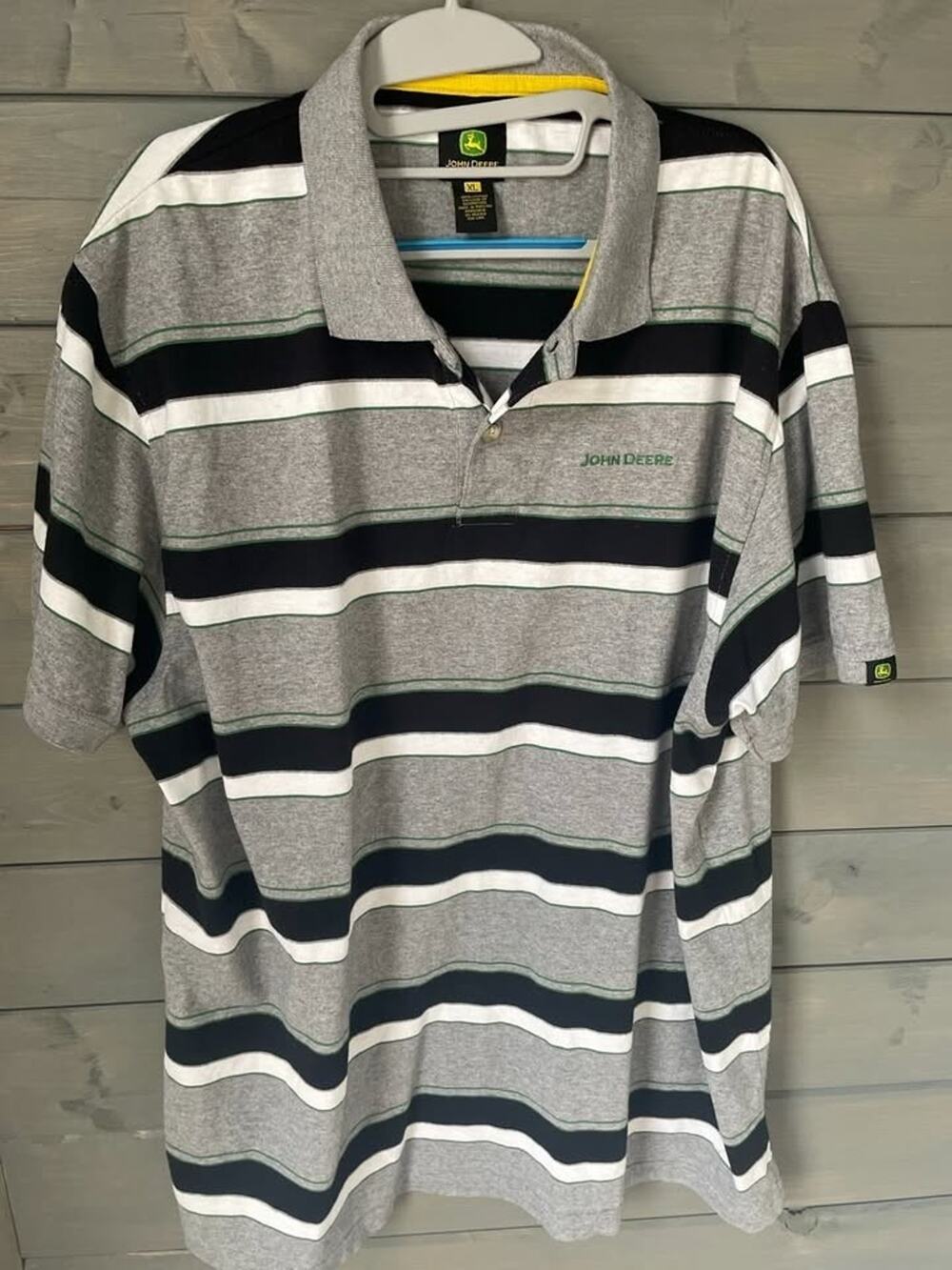 John Deere Polo Shirt XL Gray Striped Short Sleeve Logo Casual Workwear